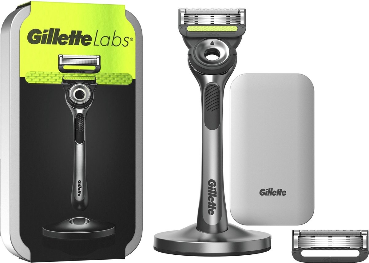 GilletteLabs mit Peeling-Stab von Gillette – 1 Griff – 2 Rasierklingen – Magnethalter – Reiseetui – Verpackung beschädigt