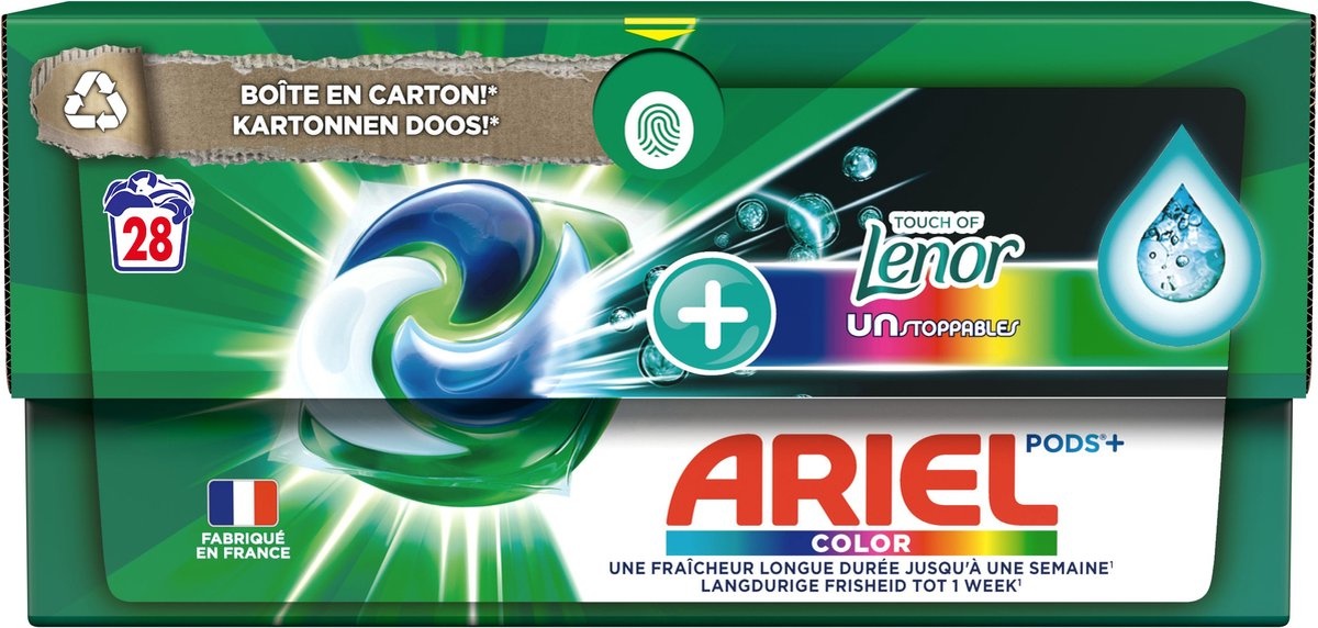 Dosettes de détergent à lessive Ariel + Touch de Lenor Unstoppables -  Couleur - 28 lavages - Emballage endommagé - Onlinevoordeelshop