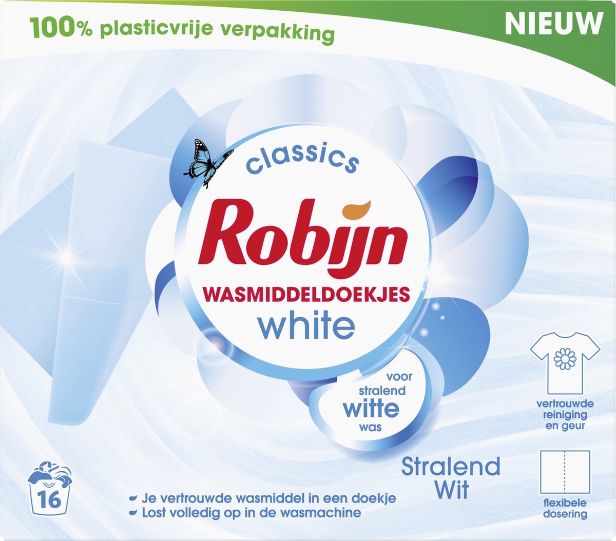 Robijn Classics Stralend Wit Wasmiddeldoekjes 16 wasstrips - Verpakking beschadigd
