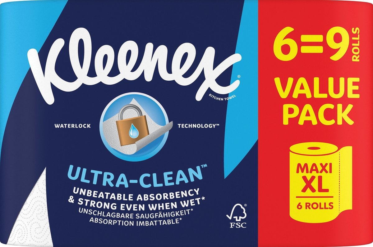 Papier essuie-tout Kleenex - Rouleau essuie-tout Ultra Clean - 6 rouleaux Maxi XL - Pack économique