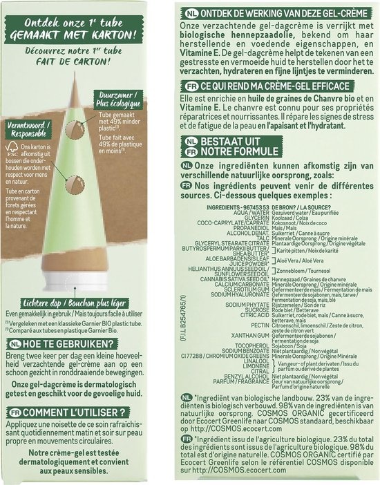 Garnier Bio Gel-Crème de Jour Apaisant au Chanvre - 50 ml - Peaux Fatiguées & Sensibles - Emballage abîmé