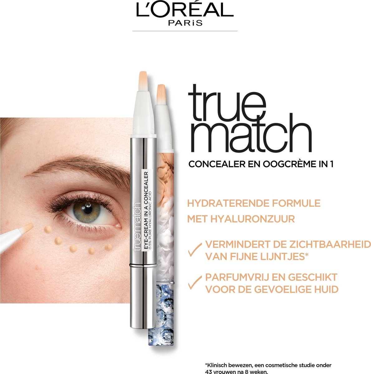 L'Oréal Paris True Match Touche Magique Concealer - N3-5 Natural Beige - Concealer and Eye Cream in 1, Enriched with 0.5% Hyaluronic Acid