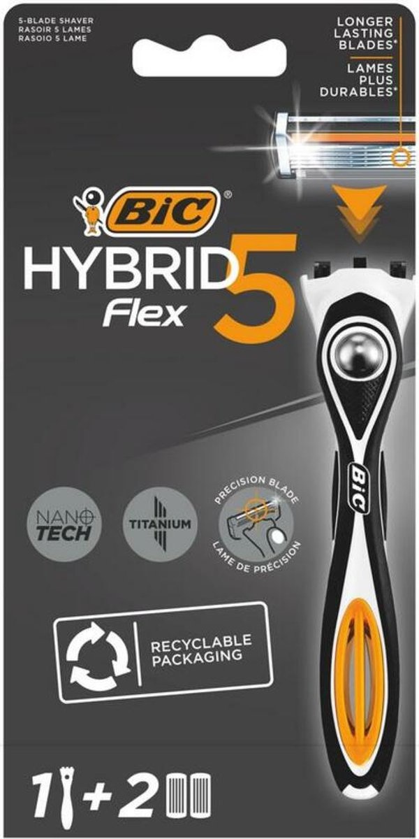 BIC Rasierklingen – Hybrid 5 Flex Rasiersystem für Herren – Präzisionstrimmer und 5 bewegliche Titanklingen – 2 Nachfüllklingen
