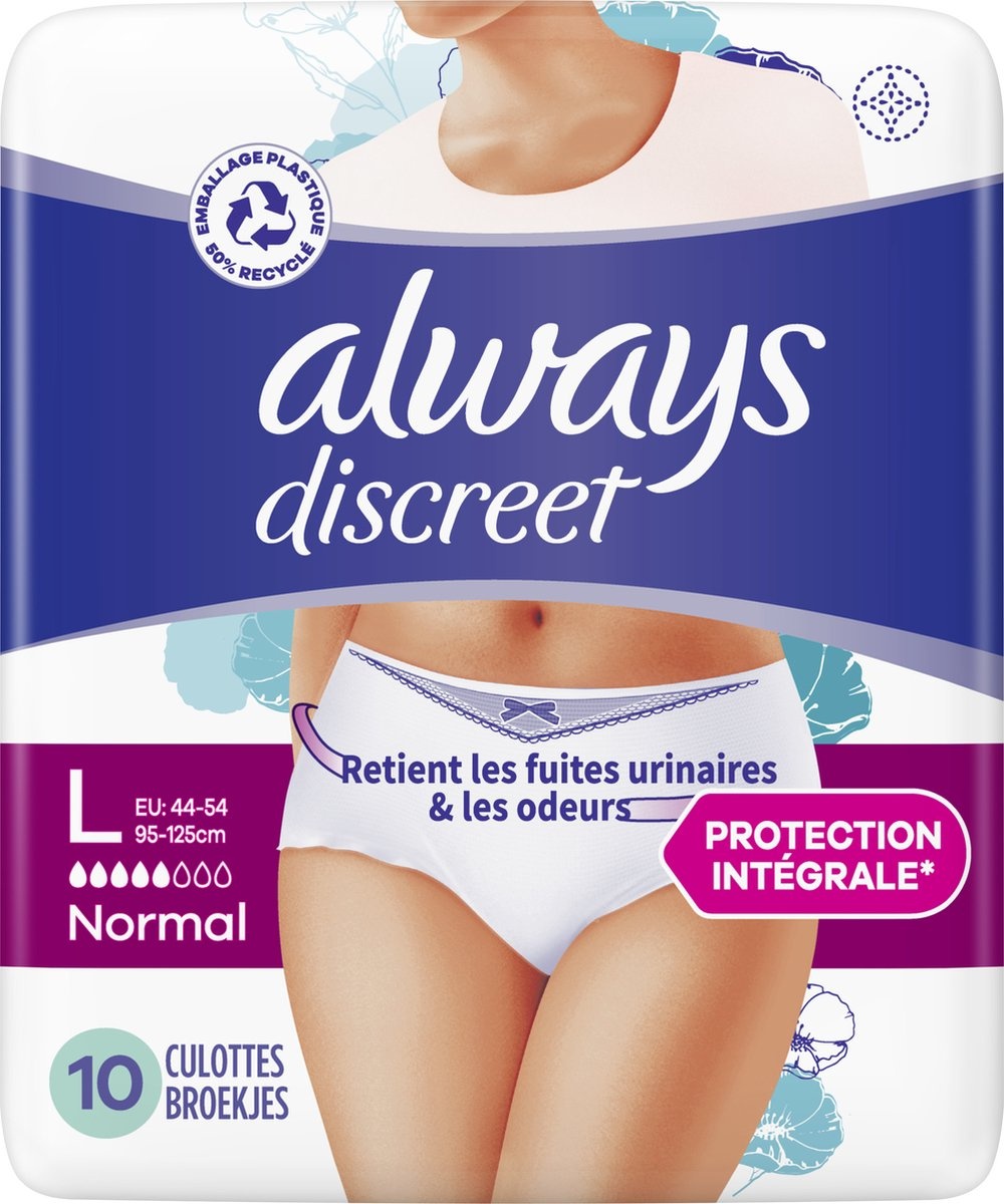 Culotte d'incontinence pour perte d'urine Always Discreet - Taille normale L - 10 pièces - Emballage endommagé