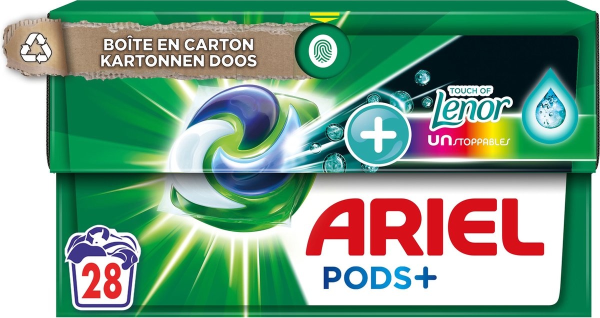 Dosettes de détergent à lessive Ariel + Touch de Lenor Unstoppables - Couleur - 28 lavages