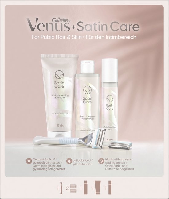 Geschenkpaket Venus Satin Care – Rasierer + 2 Rasierklingen + 2-in-1-Reiniger + Rasiergel 190 ml + Peeling 177 ml + beruhigendes Serum 50 ml – Verpackung beschädigt