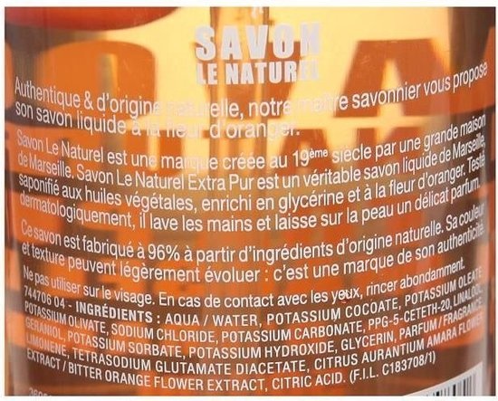 Savon Le Naturel - Savon Mains Liquide Naturel - Fleur d'Oranger - 500ml - pompe abîmée