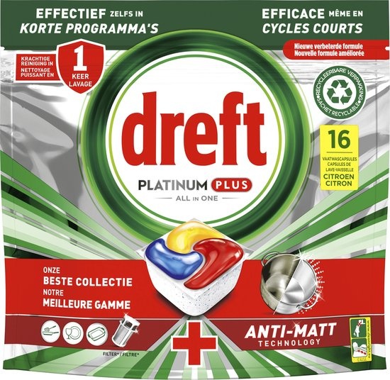 Dreft Platinum Tablettes pour Lave-Vaisselle Tout-en-Un Citron 16 pcs