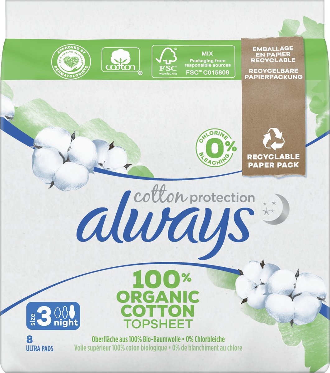 Always Cotton Protection - Night - Damenbinden mit Flügeln - 8 Stk.