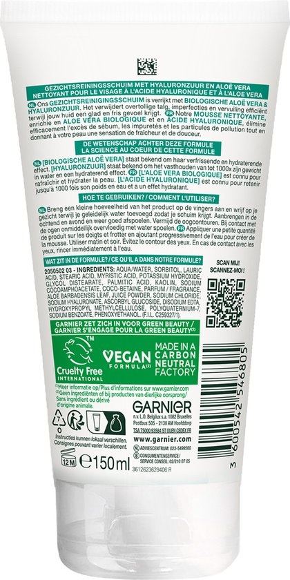 Garnier SkinActive Mousse Nettoyante Visage à l'Acide Hyaluronique et à l'Aloe Vera 150 ml