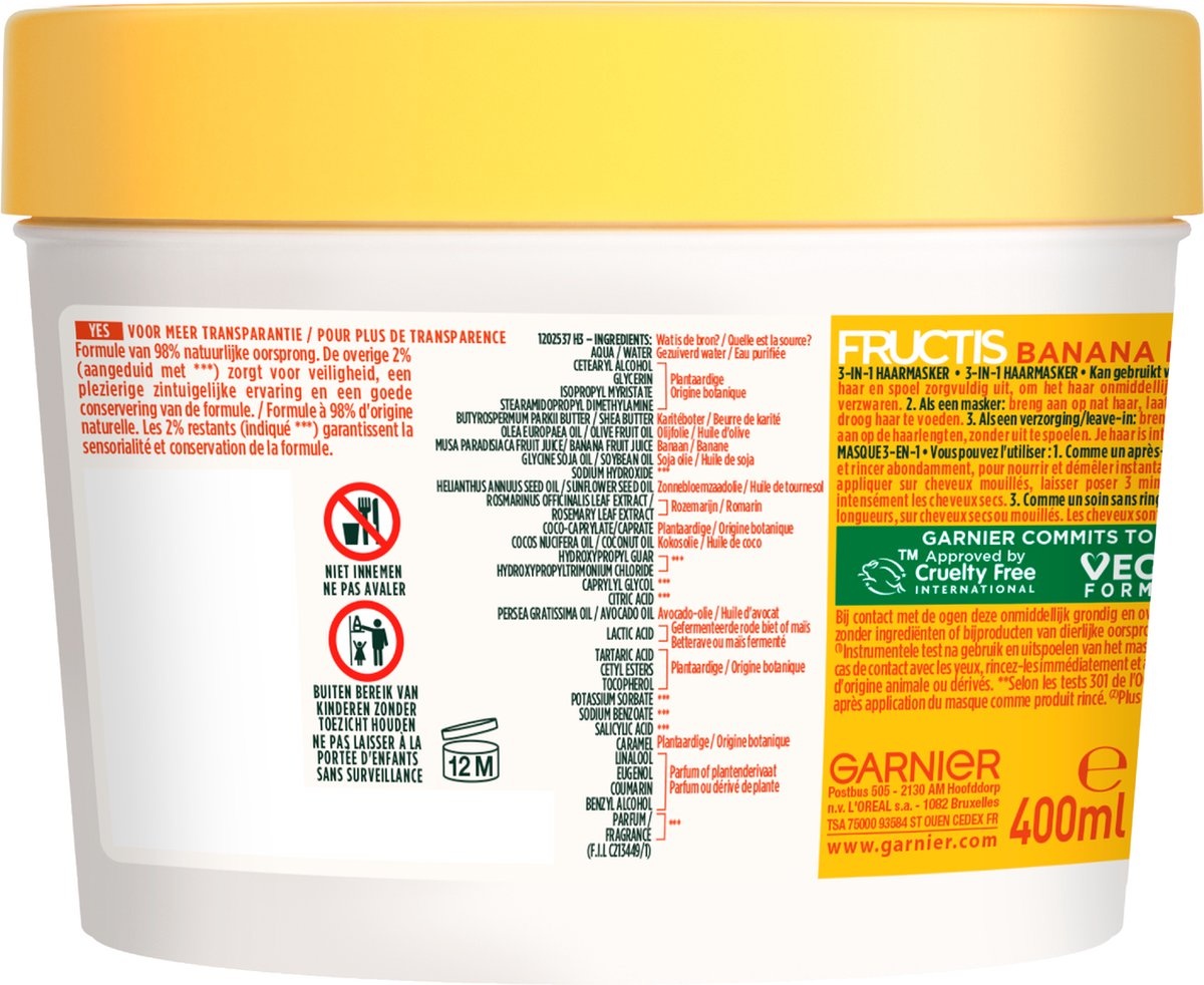 Garnier Fructis Hair Food Masque capillaire nourrissant 3 en 1 à la banane - Cheveux secs - 400 ml