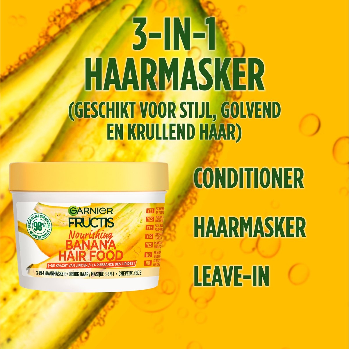 Garnier Fructis Hair Food Masque capillaire nourrissant 3 en 1 à la banane - Cheveux secs - 400 ml