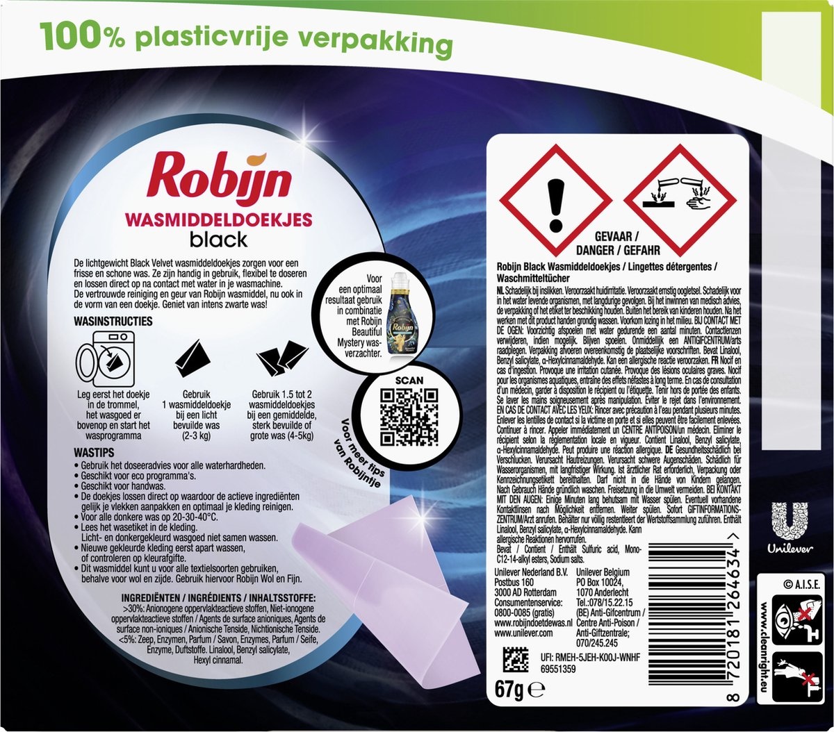 Robijn Classics Black Velvet Lingettes détergentes 16 bandes de lavage - Emballage endommagé