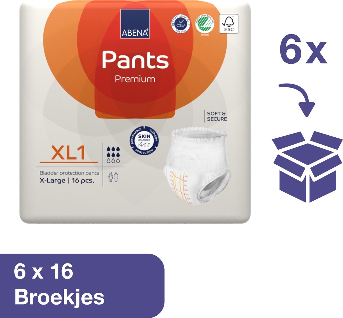 Abena Pants Premium XL1 - 96x Absorbent Pants, to be worn as Regular Underwear - For the Loss of Large Flows of Urine and (Thin) Stool - Hip size 130-170 cm - Absorption 1400 ml - Packaging damaged