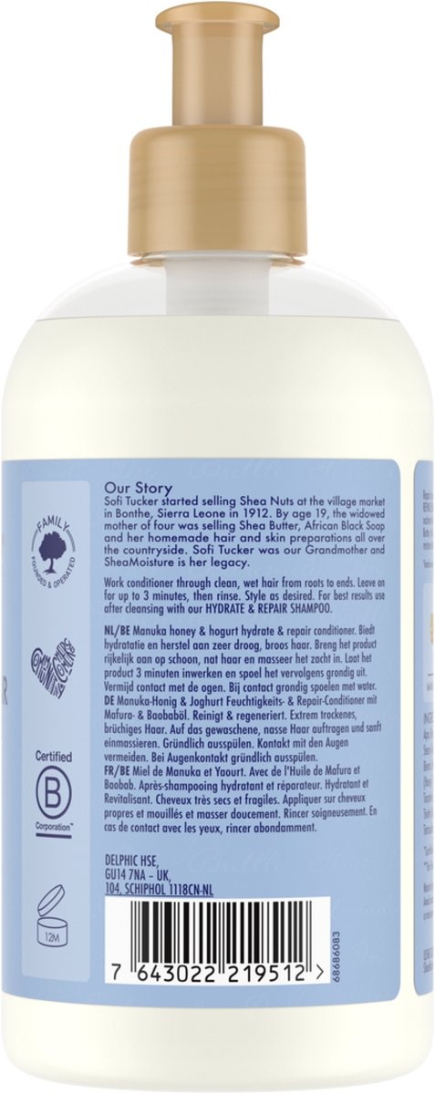 Shea Moisture Manuka Honey & Yoghurt - Après-shampooing Hydrate & Repair - 384 ml - La pompe est manquante