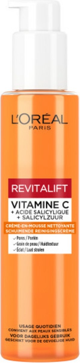 L'Oréal Revitalift Clinical Crème Nettoyante Moussante à la Vitamine C* et à l'Acide Salicylique Nettoyant Visage 150 ml - Pompe manquante