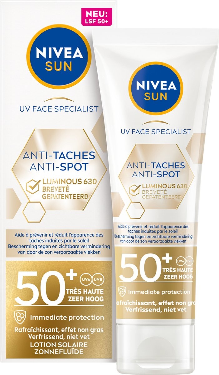 NIVEA SUN Luminous Face Sunburn Anti-Pigment – verhindert und reduziert Pigmentflecken – SPF50 40 ml – Verpackung beschädigt