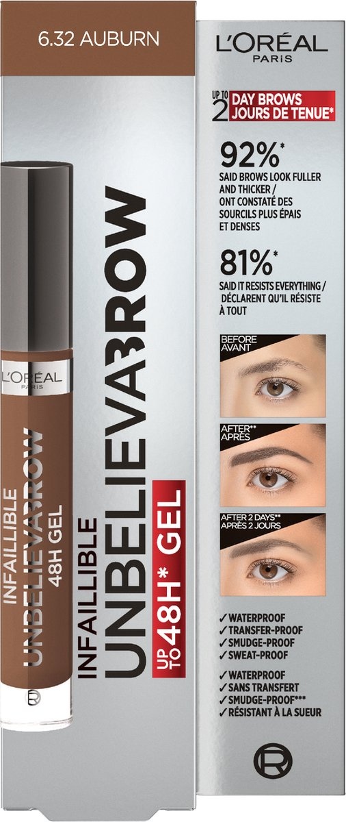 L'Oréal Paris Unbelieva'Brow Langanhaltendes wasserfestes Augenbrauengel – 6,32 Auburn – Braun – 3,4 ml