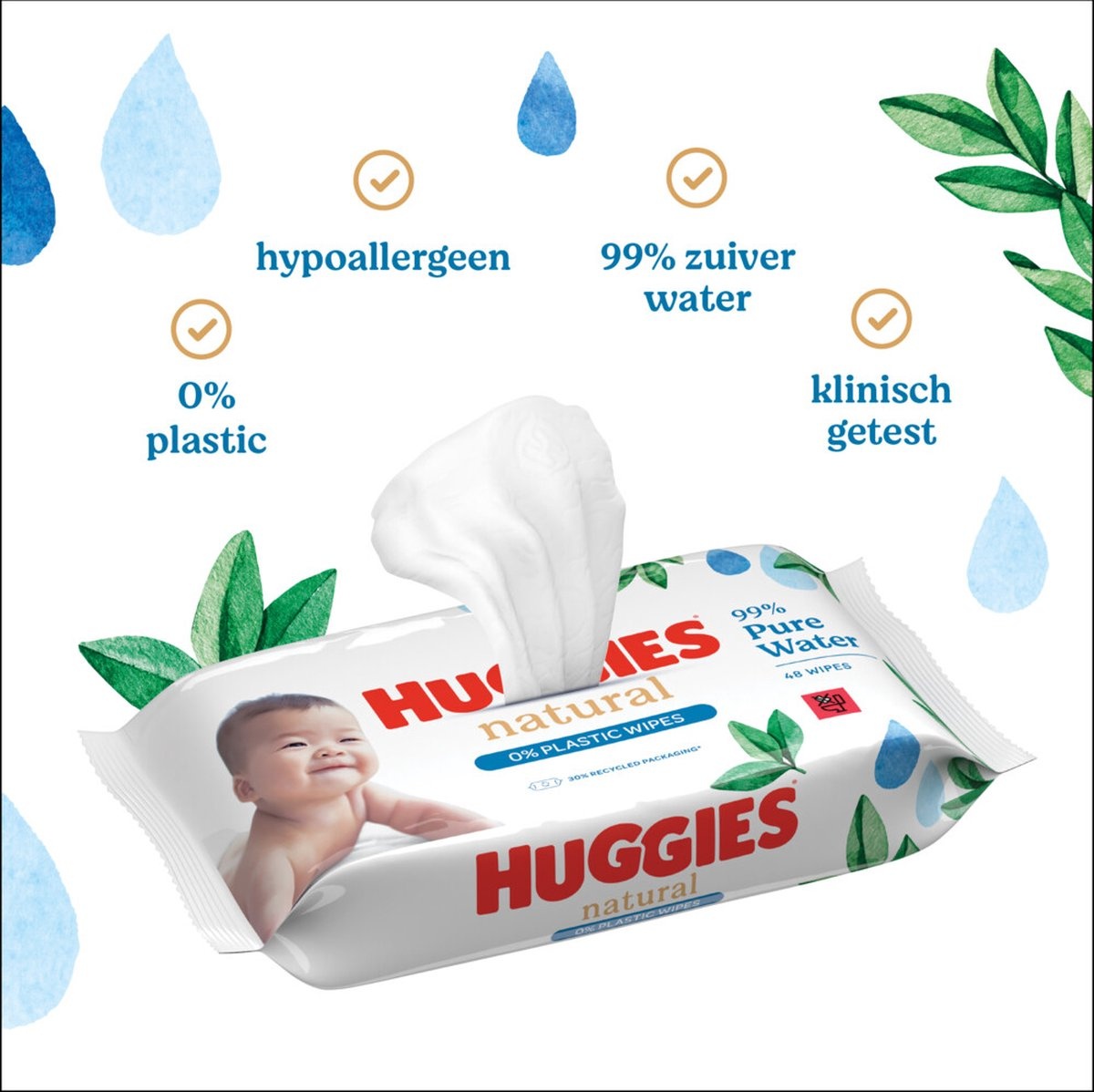Lingettes pour bébé Huggies - Naturel 0% plastique - 48 pcs