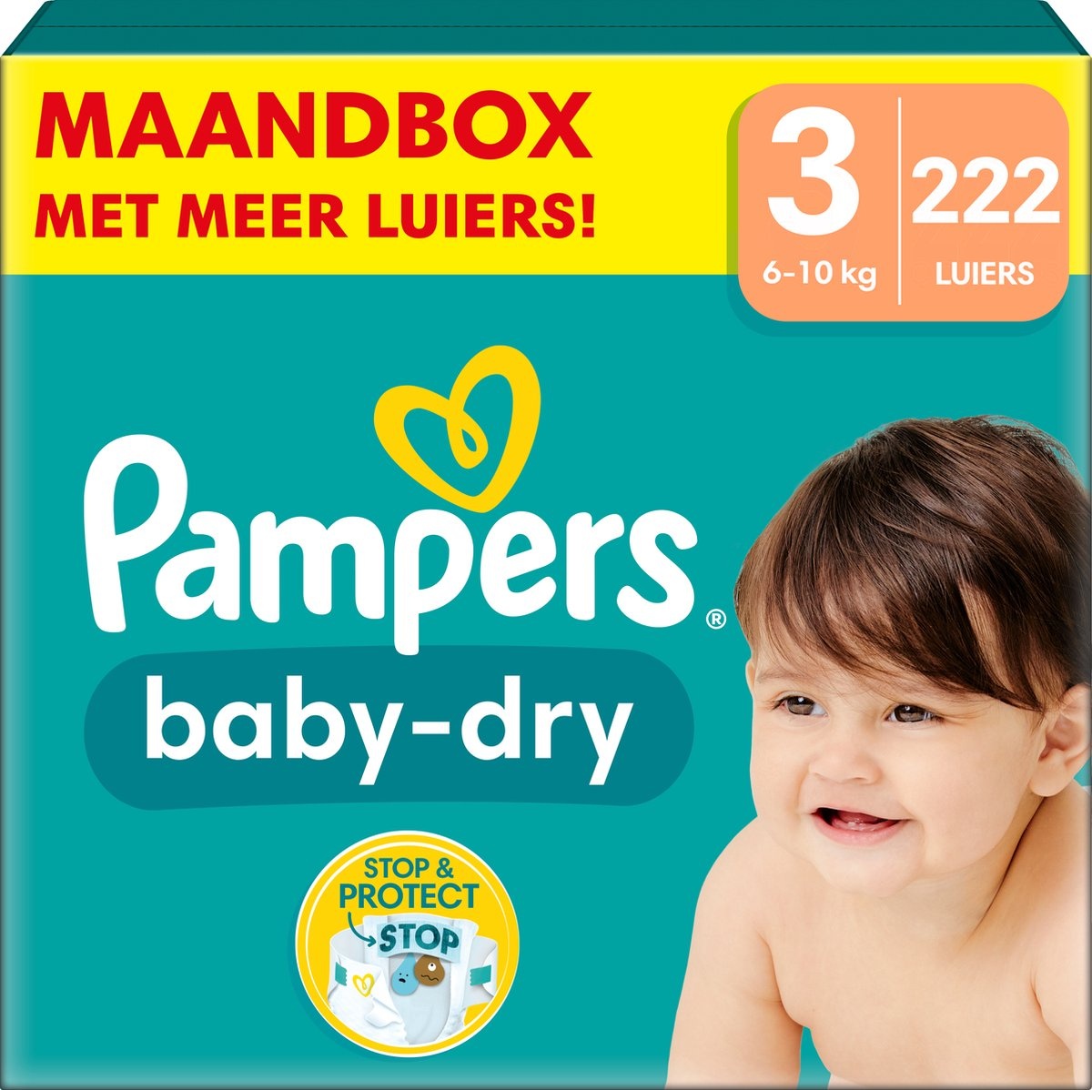 Pampers Baby-Dry - Taille 3 (6kg - 10kg) - Boîte mensuelle de 222 Couches - Emballage endommagé