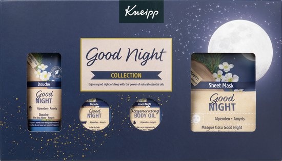 Kneipp Good Night - Geschenkset - Alpenden en Amyris - Vegan - Inhoud: 75 ml + 2x 20 ml en 1 sheetmasker - Verpakking beschadigd