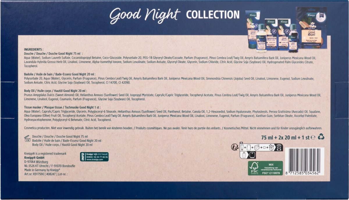 Kneipp Good Night - Geschenkset - Alpenden en Amyris - Vegan - Inhoud: 75 ml + 2x 20 ml en 1 sheetmasker - Verpakking beschadigd