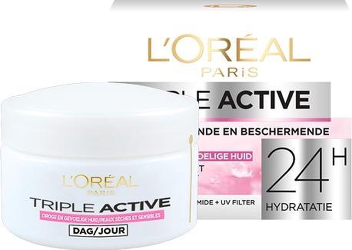 L'Oréal Paris Triple Active Feuchtigkeitsspendende Tagescreme – Trockene und empfindliche Haut 50 ml – Verpackung beschädigt