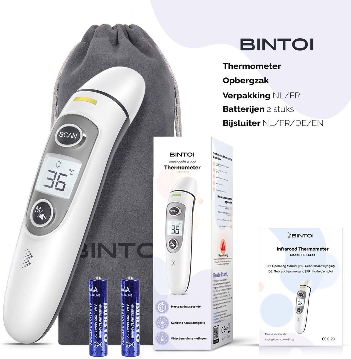 Bintoi® X200 - Thermometer voorhoofd - Oorthermometer - Koortsthermometer - verpakking beschadigd
