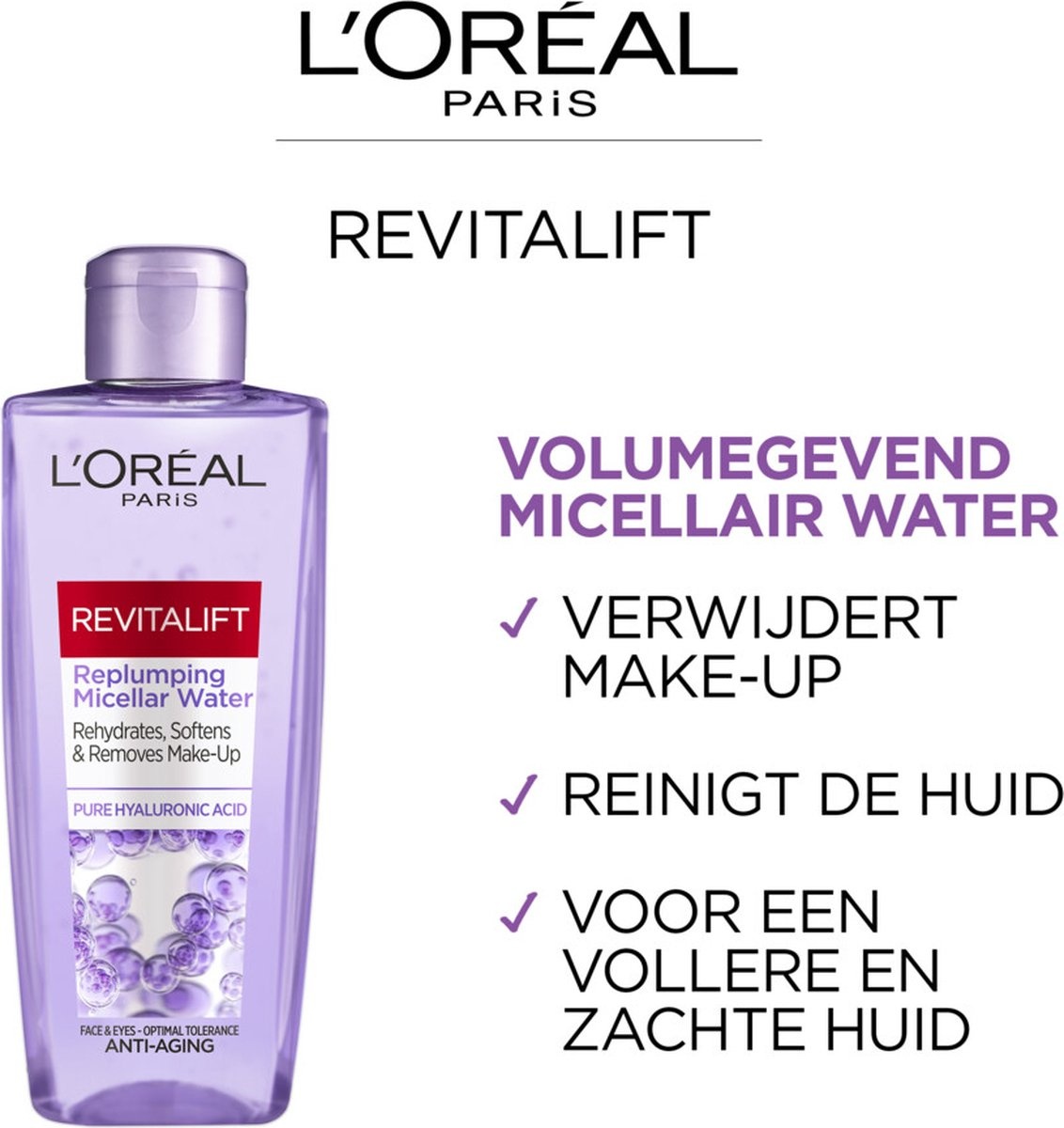 L'Oréal Paris Revitalift Eau Micellaire Volumisante - Nettoyant Visage à l'Acide Hyaluronique - 200 ml