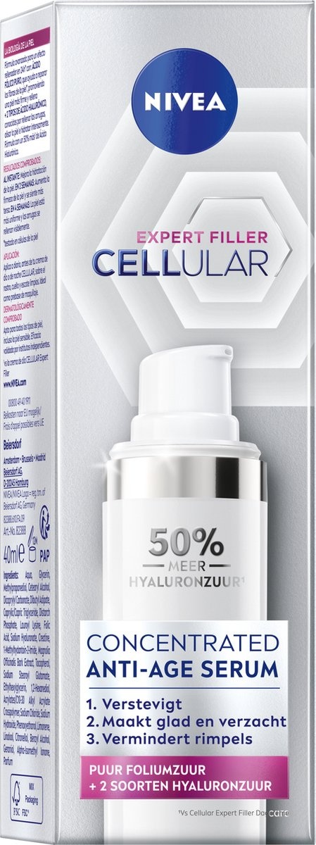 Sérum Anti-Âge NIVEA CELLular Expert Filler - Peau vieillissante - Avec acide hyaluronique et booster de collagène - 40 ml - Emballage endommagé