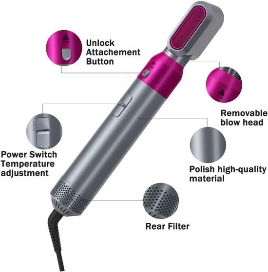 HOT Air Styler TP-5+1 Brosse sèche-cheveux - Brosse lissante - Ensemble 5-EN-1 - Brosse à friser - Brosse magique - Sèche-cheveux - Sèche-cheveux - Multistyler - Fer à friser automatique