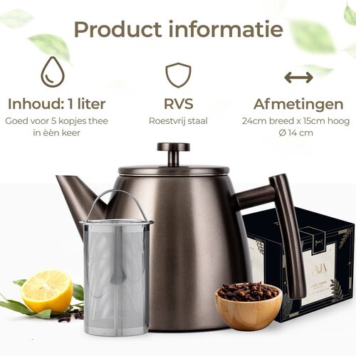 VaJa Theepot dubbelwandig rvs gun metal 1 liter