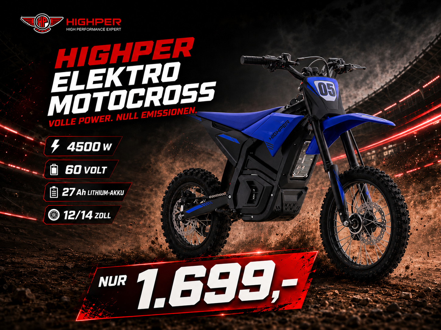 Highper Elektro Motocross KMG HP 130 E 4500W 60 Volt 27Ah Lithium Akku 12/14