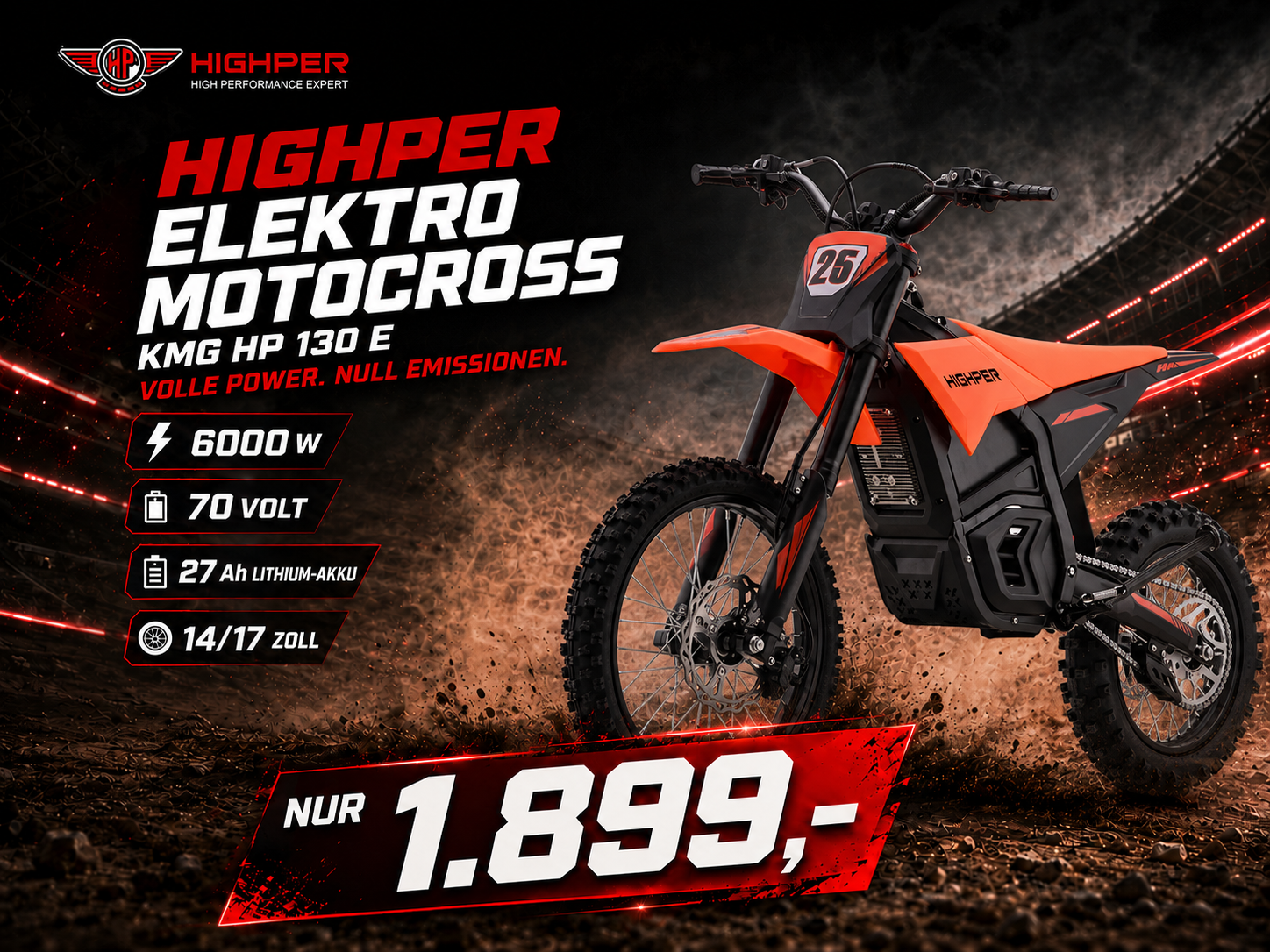 Highper Elektro Motocross KMG HP 130 E 6000W 72 Volt 27Ah Lithium Akku 14/17