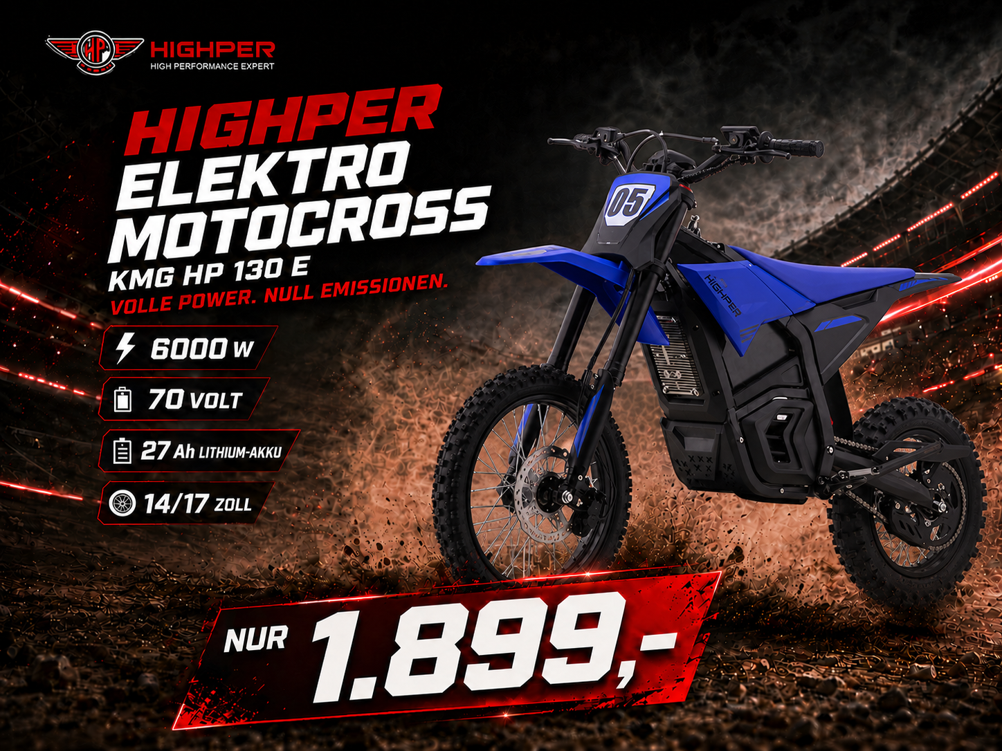 Highper Elektro Motocross KMG HP 130 E 6000W 72 Volt 27Ah Lithium Akku 14/17