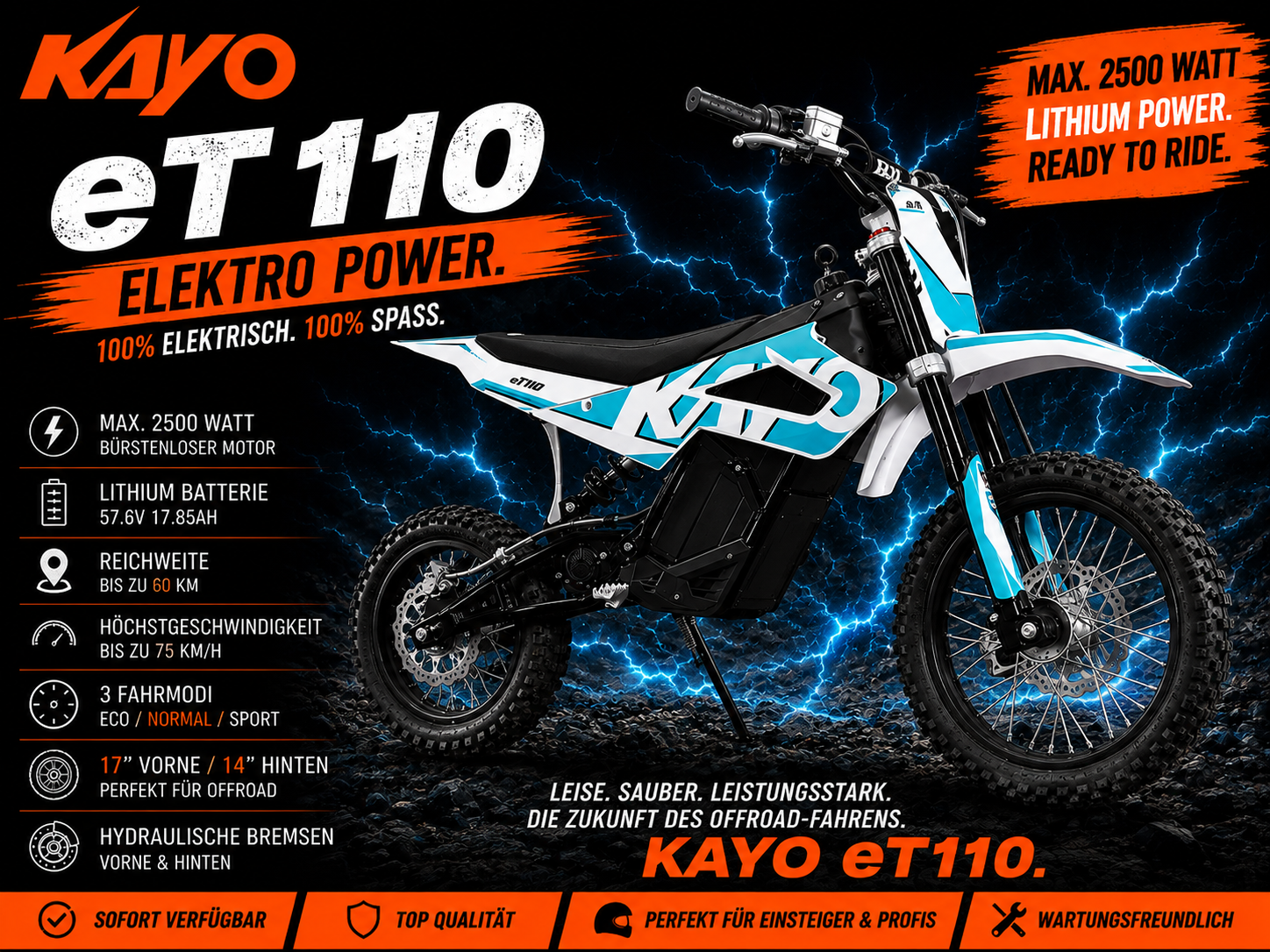 Kayo Dirtbike Elektro eT110 max. 2500 Watt Lithium 57.6V 17.85Ah