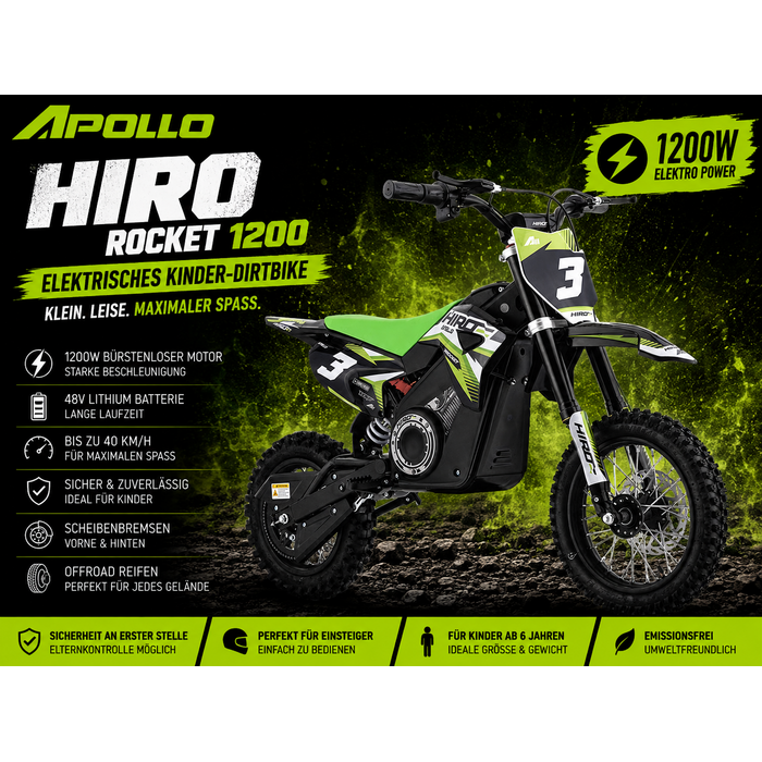 Apollino Rocket Hiro Dirtbike 1000W / max 1200W 36V 10/12 Zoll Lithium Akku 12Ah Elektro Crossbike