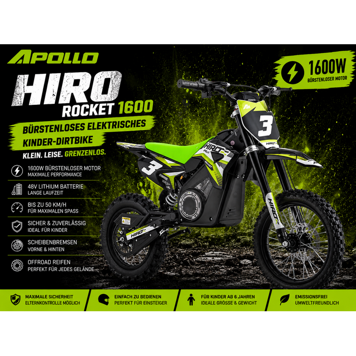 Apollino Rocket Hiro Dirtbike 1300W / max 1600W 48V 14/12 Zoll Lithium Akku 13Ah Elektro Crossbike