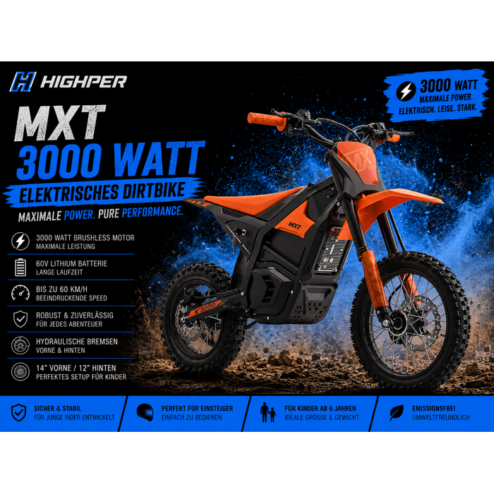 Highper Elektro Motocross MXT 3000W 48 Volt 21Ah Lithium Akku 12/14