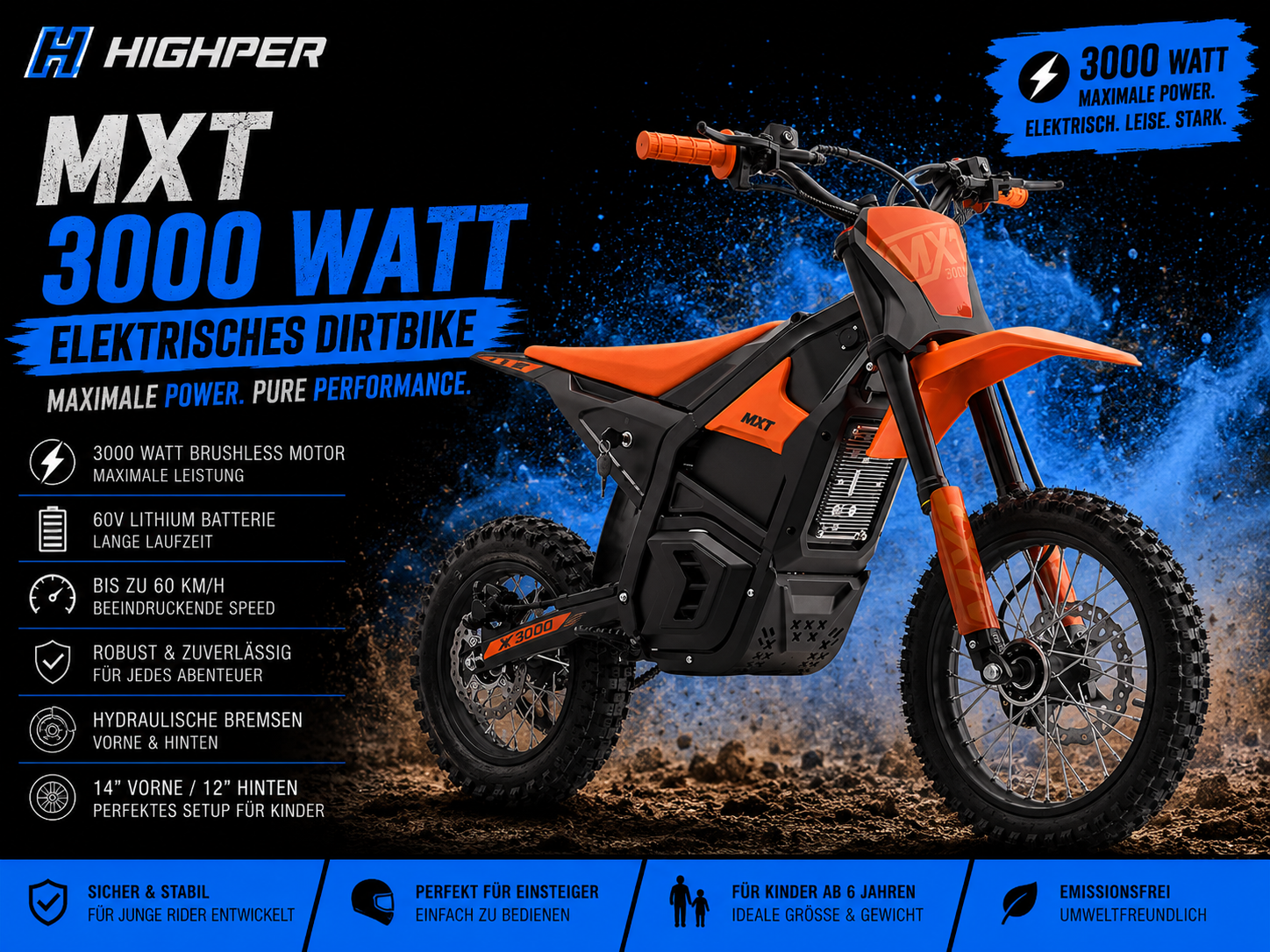 Highper Elektro Motocross MXT 3000W 48 Volt 21Ah Lithium Akku 12/14