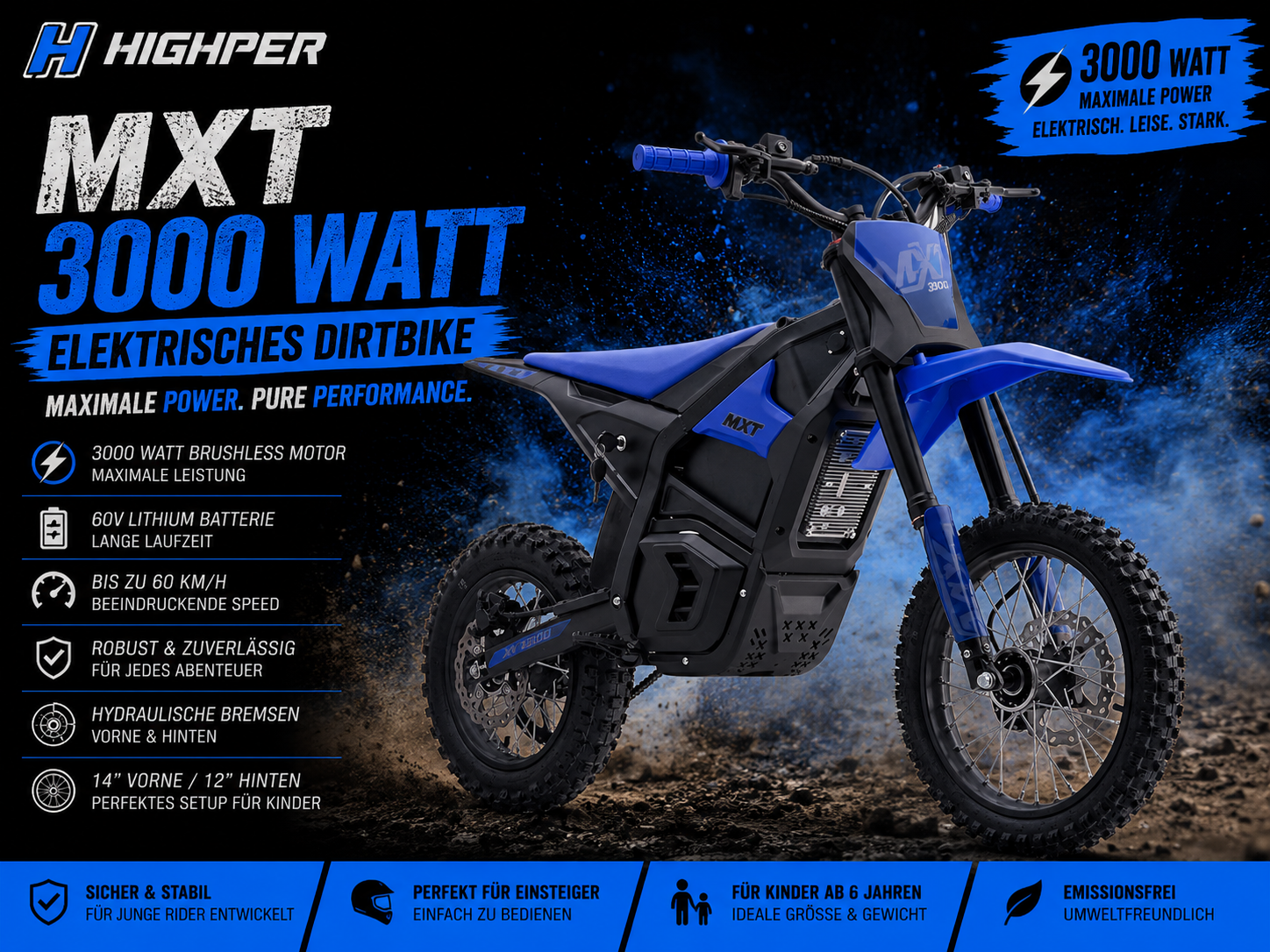 Highper Elektro Motocross MXT 3000W 48 Volt 21Ah Lithium Akku 12/14