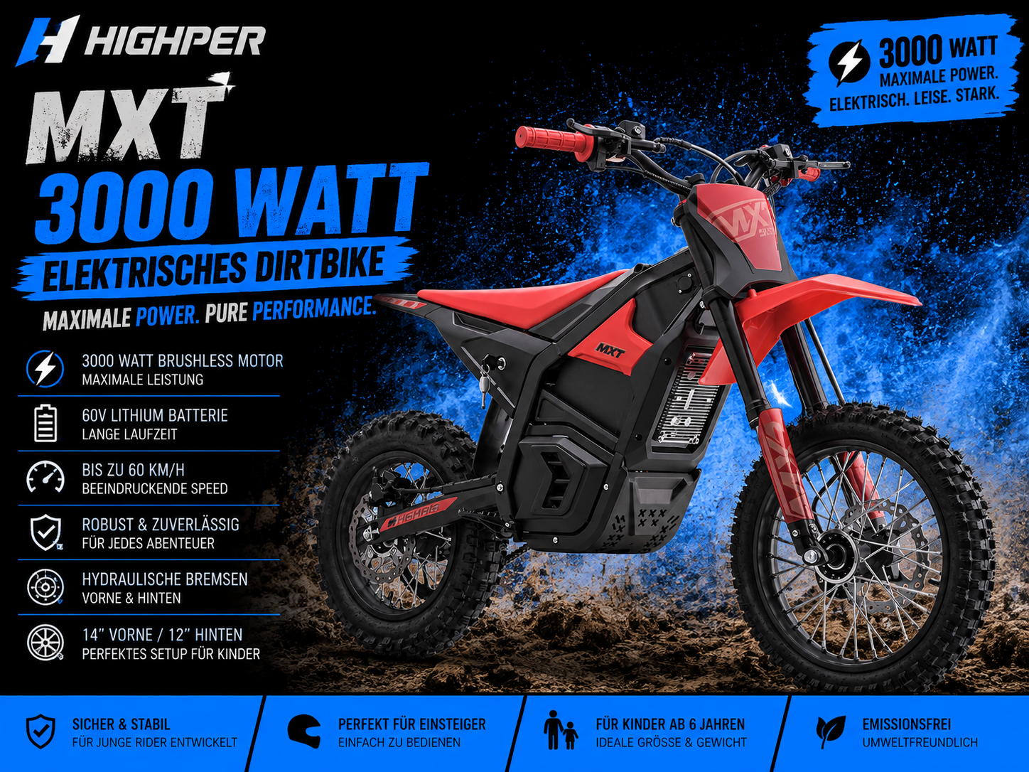 Highper Elektro Motocross MXT 3000W 48 Volt 21Ah Lithium Akku 12/14
