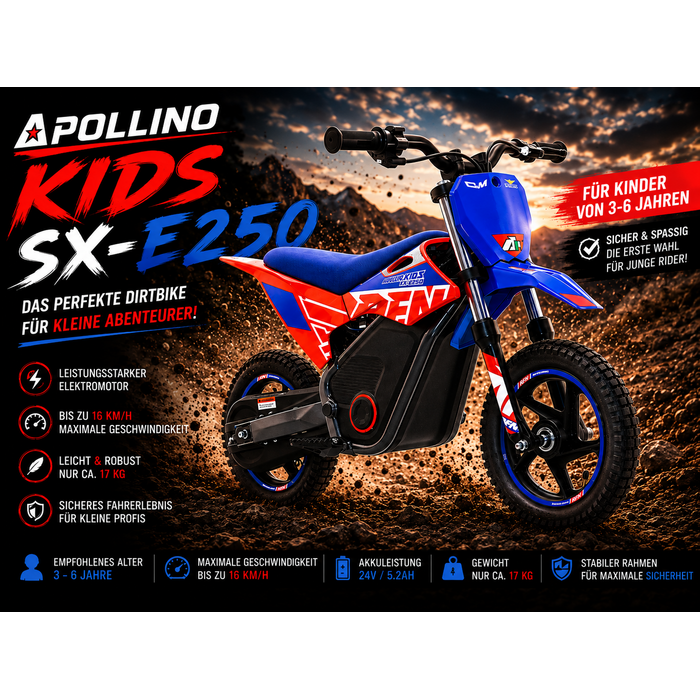 Apollino Warrior Kids SX-E250 Kinder Dirtbike für Kinder von 3-6 Jahren geeignet