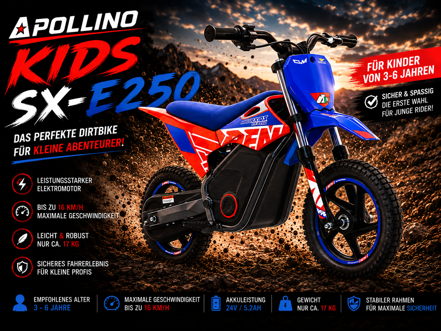 Apollino Warrior Kids SX-E250 Kinder Dirtbike für Kinder von 3-6 Jahren geeignet