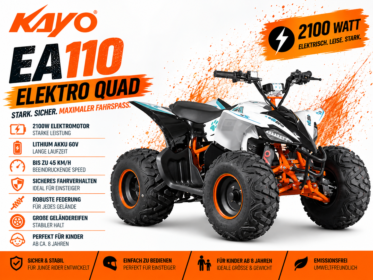 Kayo Kinderquad Elektro eA110 Spitzenleistung bis 2100W 48V