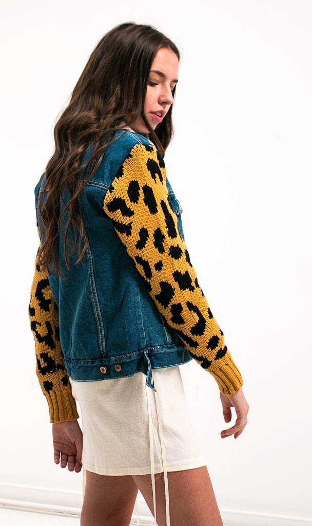 Leopard denim jacket teddy fleece