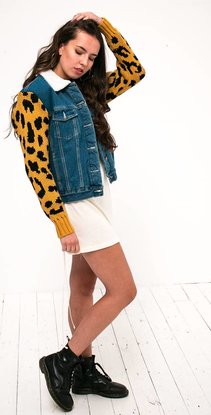 Leopard denim jacket teddy fleece