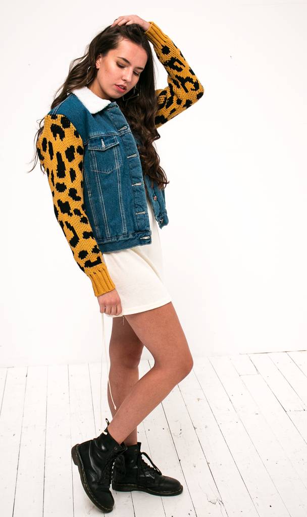 Leopard denim jacket teddy fleece