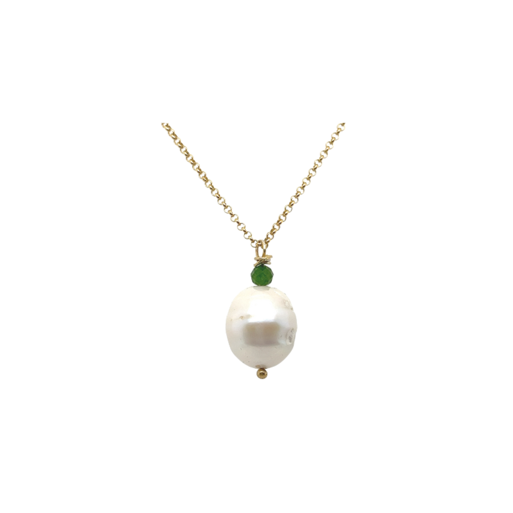 Necklace with baroque pearl dioptase