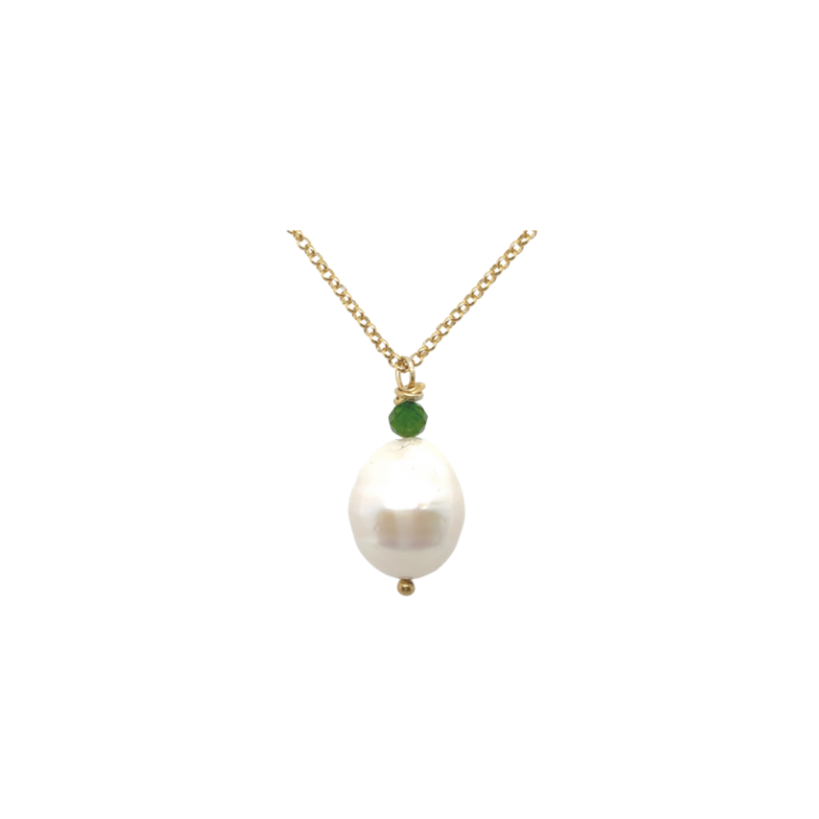 Necklace with baroque pearl dioptase